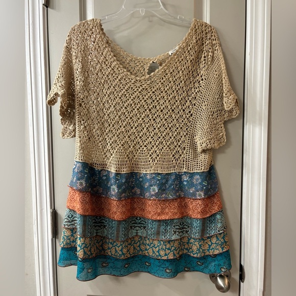 John Mark Tops - John Mark Tan Crochet and Multicolor Layered Tunic